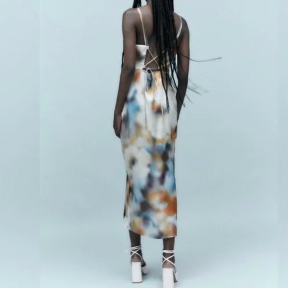 ZARA TIE-DYE PRINT SATIN EFFECT OPEN LACE BACK CAMISOLE MIDI MAXI DRESS $89.90 - Picture 6 of 7
